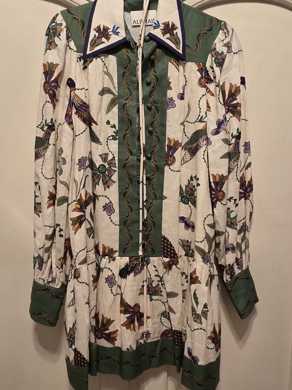 Alemais White Floral Long-Sleeve Button-Front Dress with Green Trim